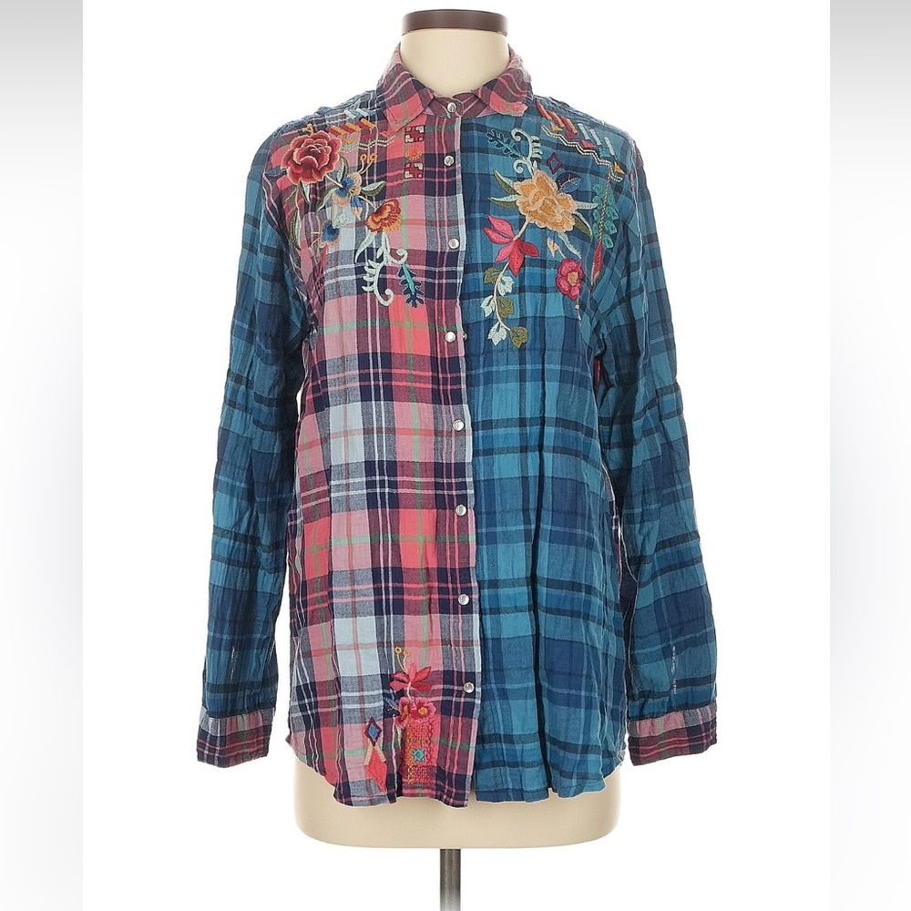 Johnny Was Plaid Embroidered Button Down Shirt Boho Patchwork Floral Size Small